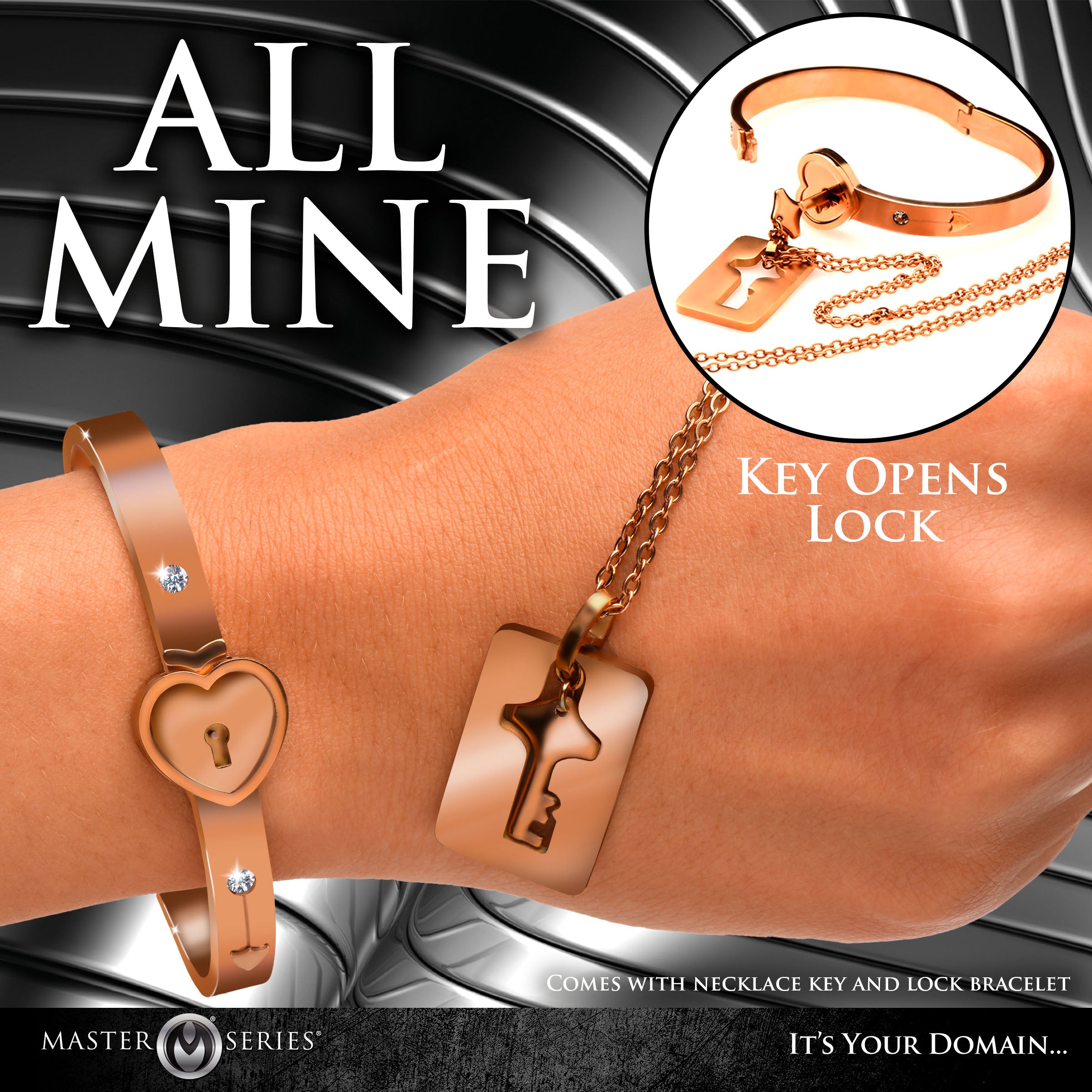 Cuffed Locking Bracelet and Key Necklace - Rose Gold