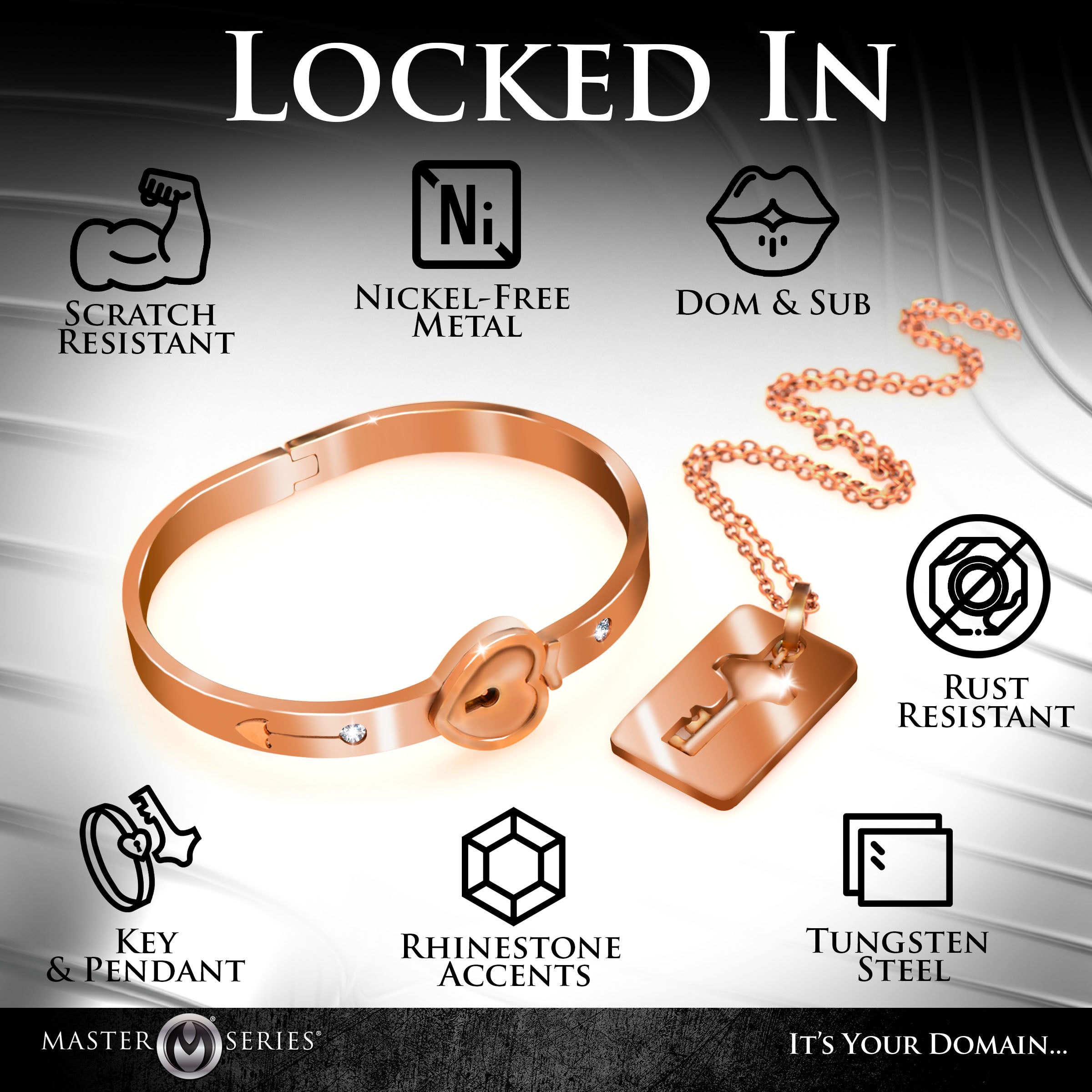 Cuffed Locking Bracelet and Key Necklace - Rose Gold