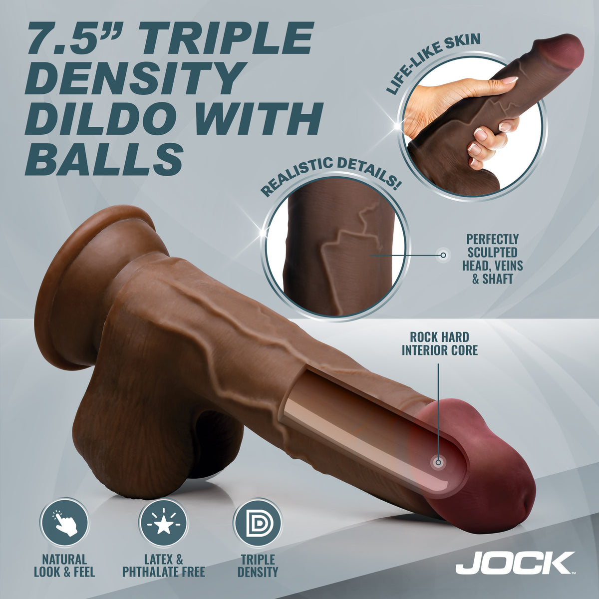 Hard-Core 7.5" Triple Density Dildo w/ Balls - Dark