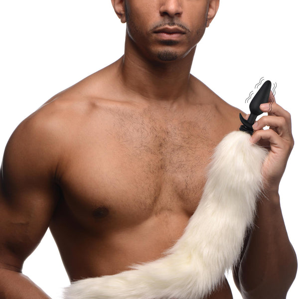 Small Vibrating Anal Plug with Interchangeable Fox Tail -  and White