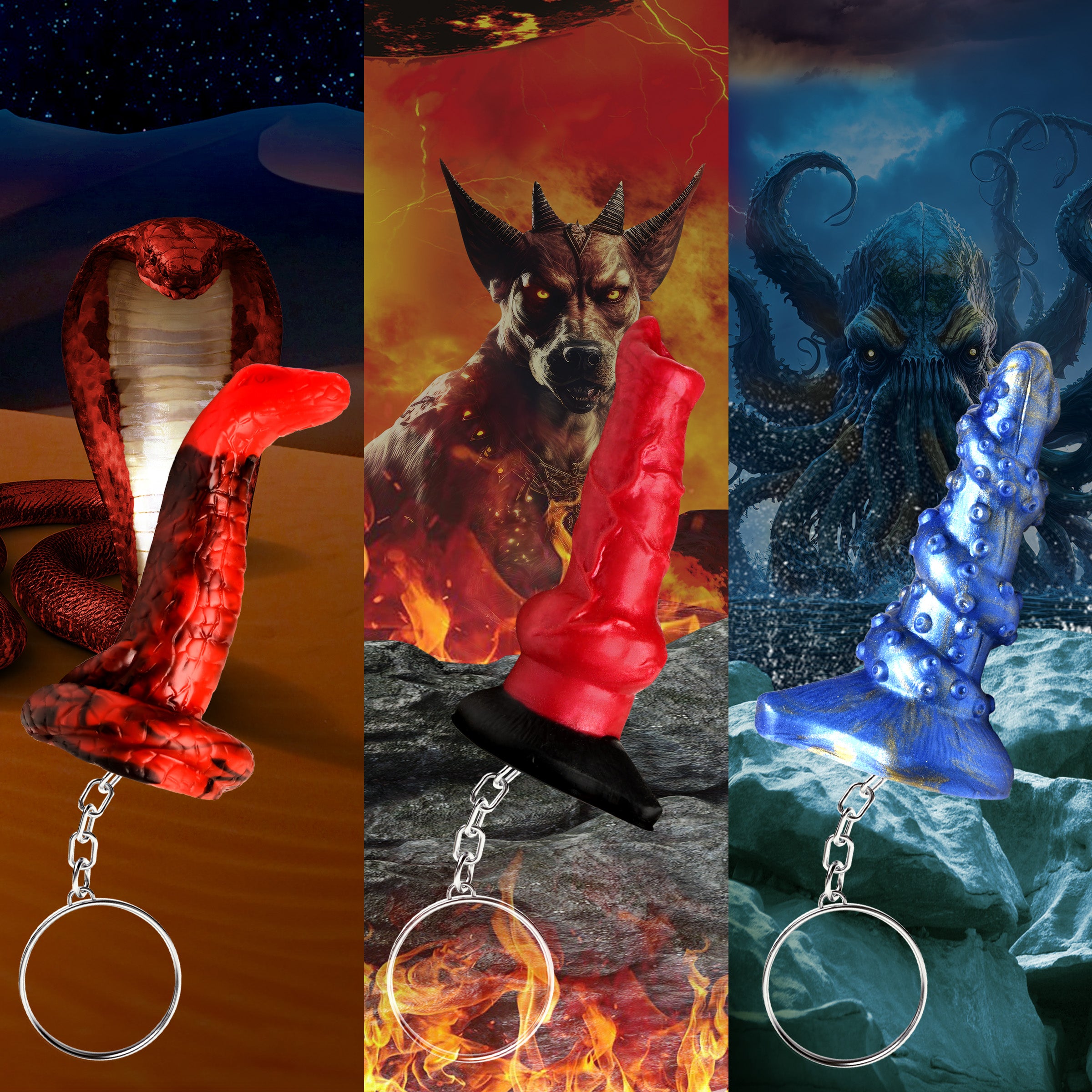 Hell-Hound, Lord Kraken, & King Cobra Silicone Keychain Set